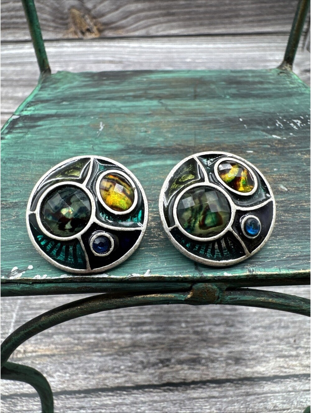 Vintage Silvertone Green Blue Art Deco Large Stud Earrings Fashion Jewelry 80’s
